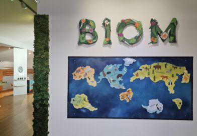 Der Eingang zur Ausstellung BIOM in der MEWO Kunsthalle: eine bunte Weltkarte mit Tieren und dem Schriftzug BIOM aus Pflanzen