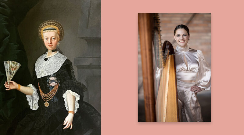 ein altes Patrizierinnenportrait von Sibylla von Hartlieb und die Musikerin Annalena Storch mit einer Harfe