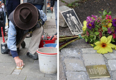 Zwei Fotos in einer Montage: Der Künstler Gunter Demnig säubert den soeben verlegten Stein in der Maximilianstraße. Ein Bild des Ehepaars Grünfeld neben dem Gedenkstein.