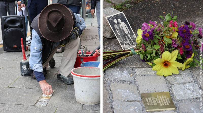 Zwei Fotos in einer Montage: Der Künstler Gunter Demnig säubert den soeben verlegten Stein in der Maximilianstraße. Ein Bild des Ehepaars Grünfeld neben dem Gedenkstein.