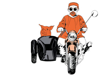 Illustration eines rockigen Motorradfahrers mit einem Soziussitz, in dem ein Schwein sitzt