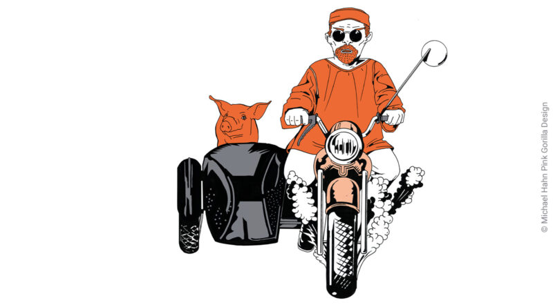 Illustration eines rockigen Motorradfahrers mit einem Soziussitz, in dem ein Schwein sitzt