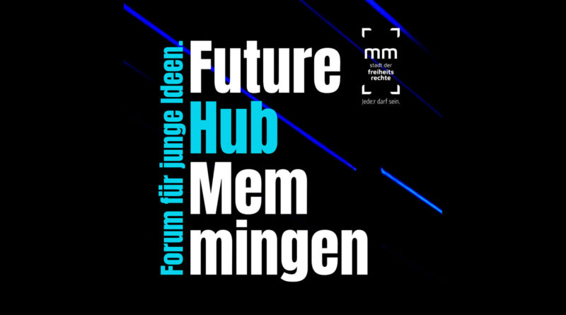 Grafik mit dem Schriftzug Future Hub Memmingen auf schwarzem Hintergrund mit blau leuchtenden Blitzen