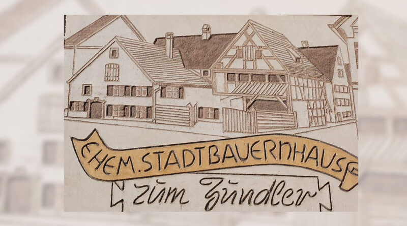 Eine Malerei an einer Hauswand an der Rotergasse, ecke Lindauer Straße die einen alten Bauernhof mit Fachwerk zeigt und den Schriftzug ehemaliges Stadtbauernhaus zum Zündler